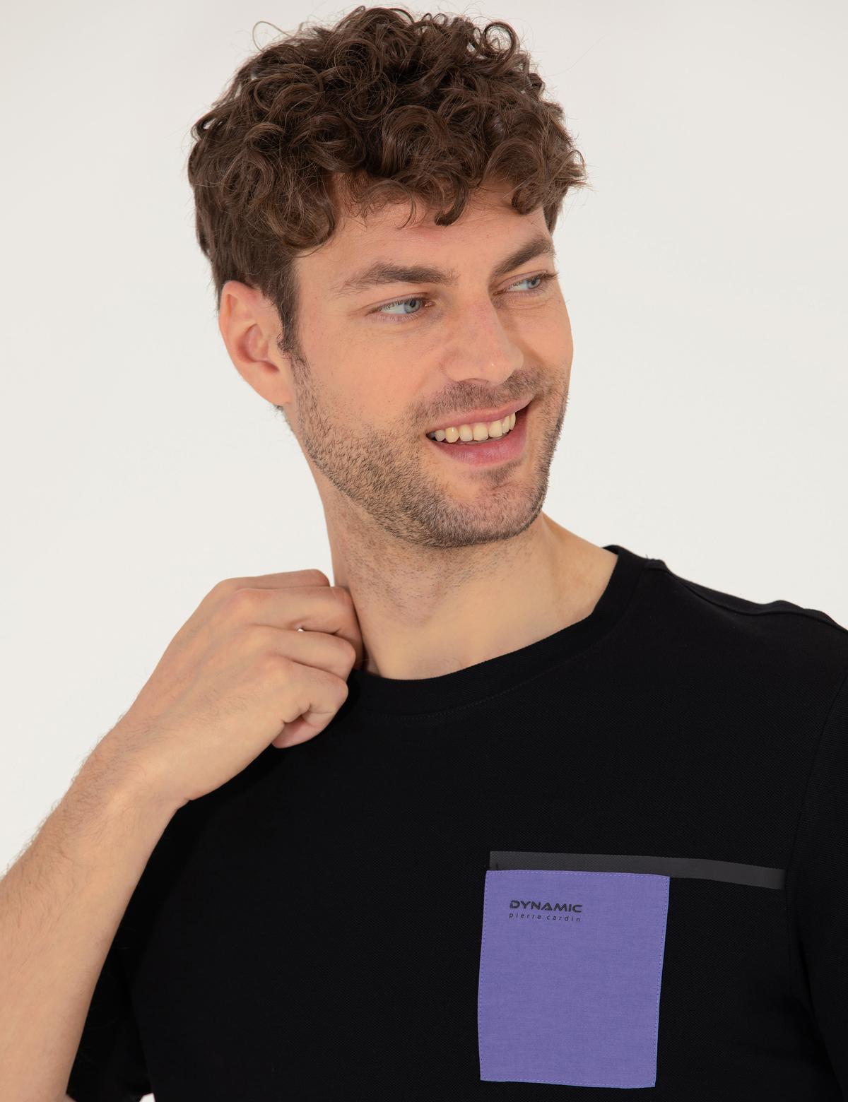 Siyah Slim Fit Baskılı Bisiklet Yaka Tişört - 50262615023