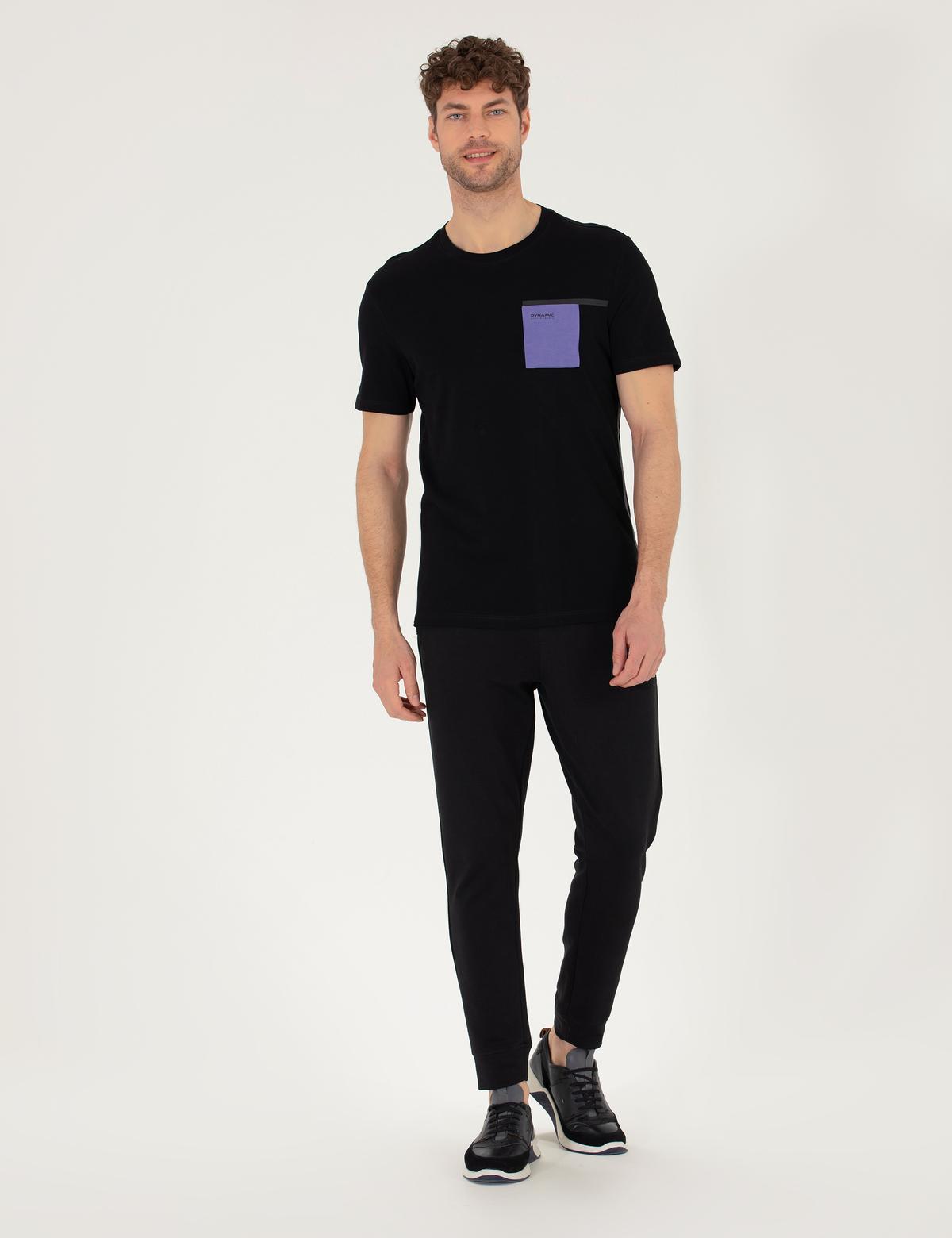 Siyah Slim Fit Baskılı Bisiklet Yaka Tişört - 50262615023