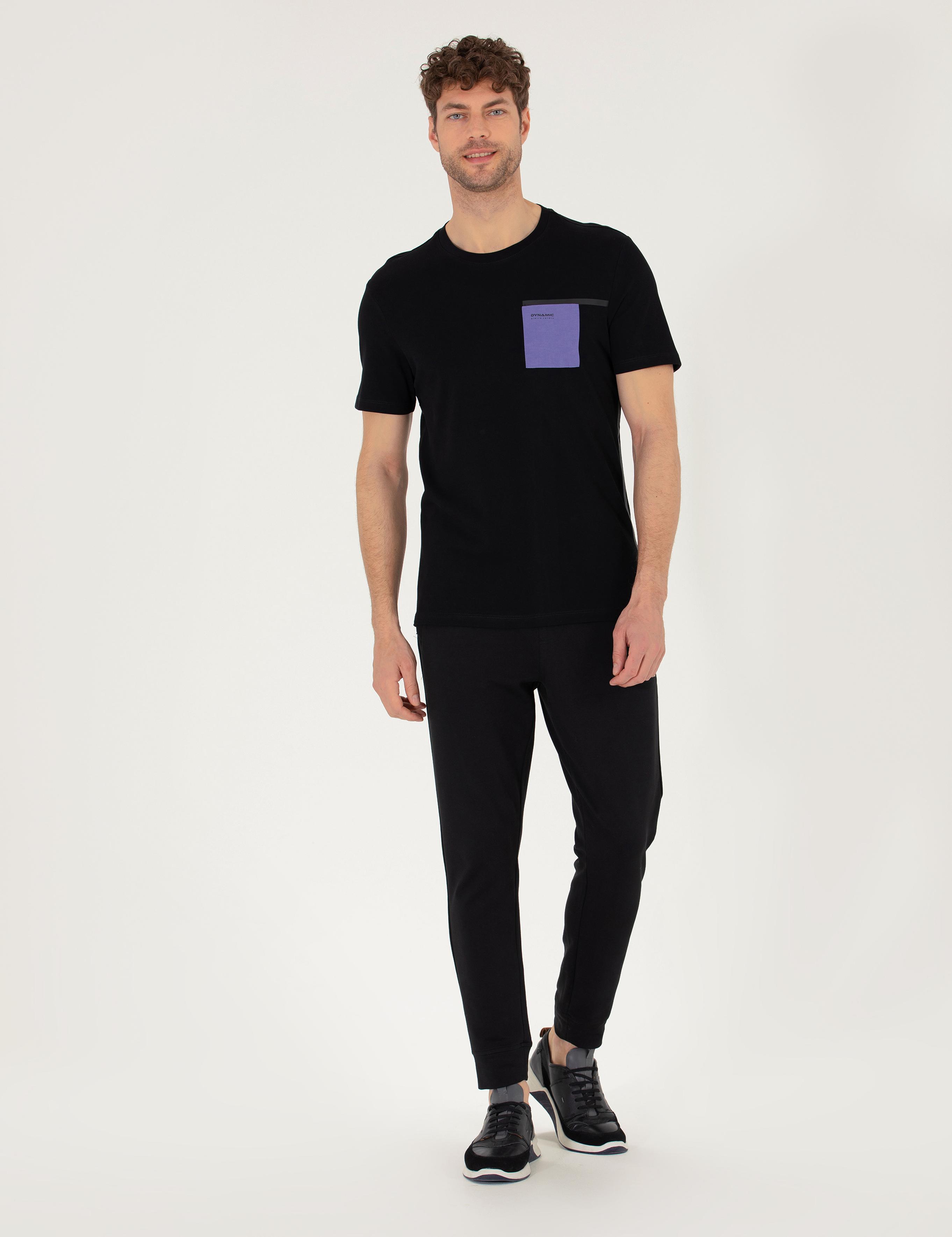 Siyah Slim Fit Baskılı Bisiklet Yaka Tişört