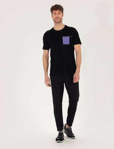 Siyah Slim Fit Baskılı Bisiklet Yaka Tişört