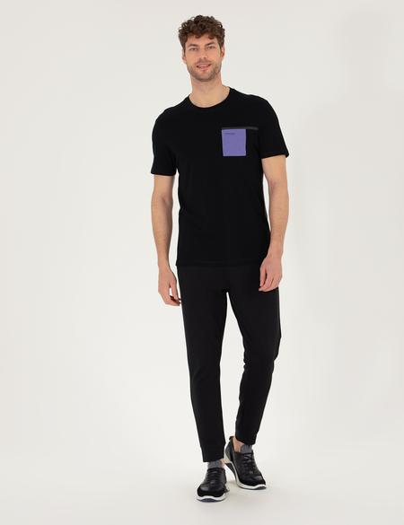 Siyah Slim Fit Baskılı Bisiklet Yaka Tişört - 50262615023