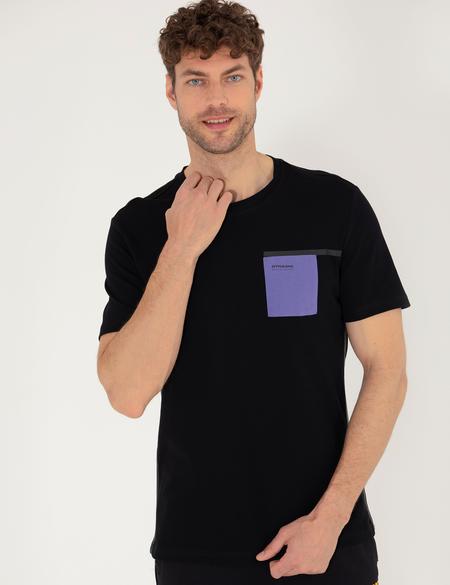 Siyah Slim Fit Baskılı Bisiklet Yaka Tişört - 50262615023