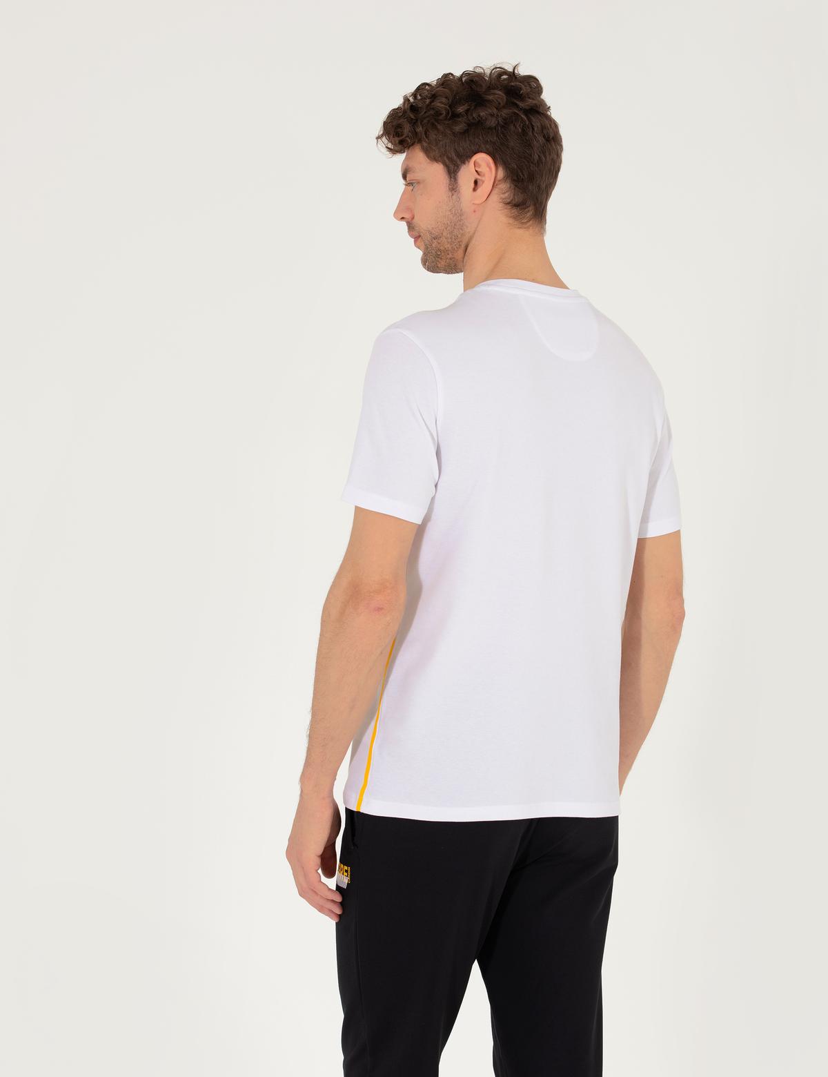 Beyaz Slim Fit Baskılı Bisiklet Yaka Tişört - 50262615034