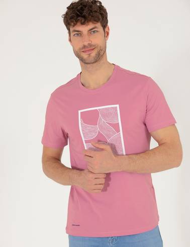 Pembe Slim Fit Baskılı Bisiklet Yaka Tişört