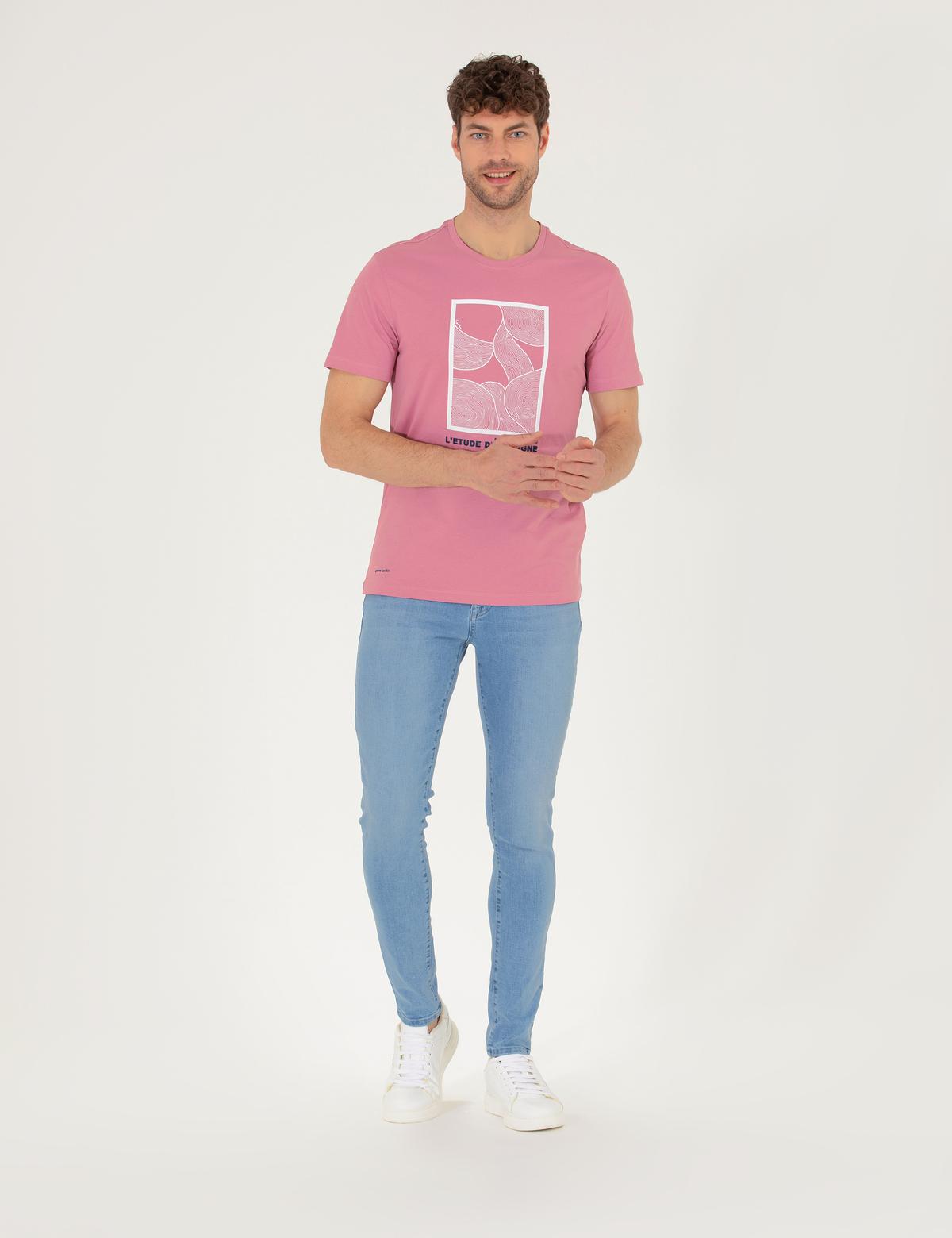Pembe Slim Fit Baskılı Bisiklet Yaka Tişört - 50262616027