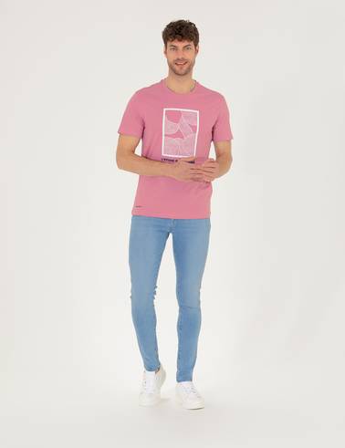 Pembe Slim Fit Baskılı Bisiklet Yaka Tişört
