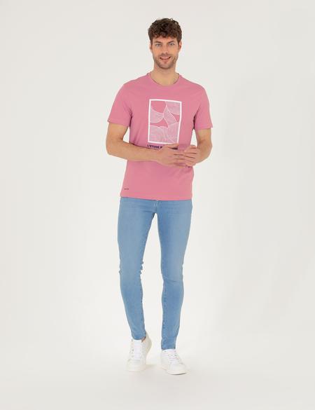 Pembe Slim Fit Baskılı Bisiklet Yaka Tişört - 50262616027