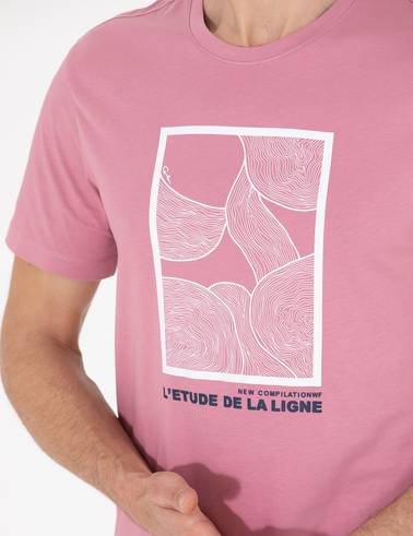 Pembe Slim Fit Baskılı Bisiklet Yaka Tişört