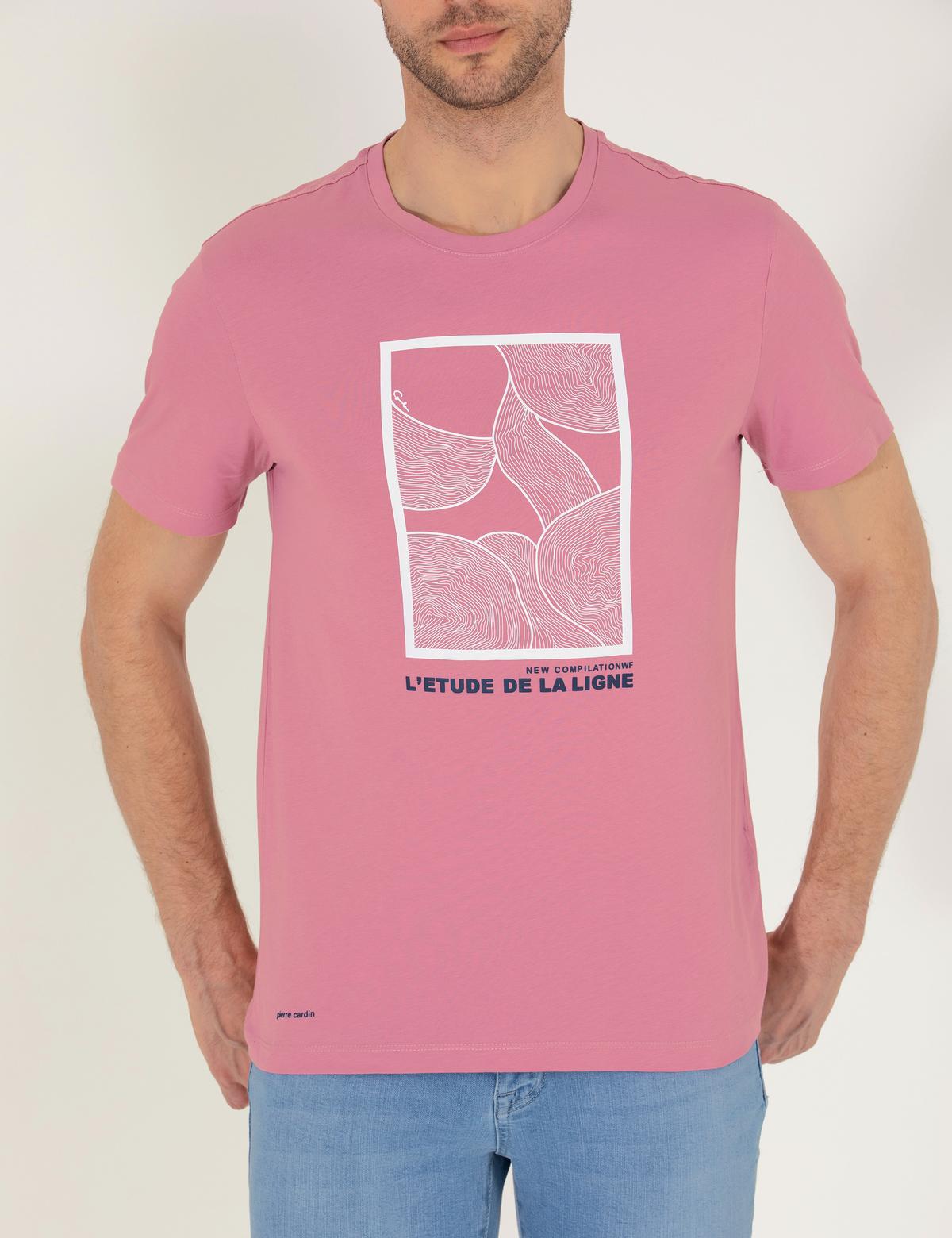 Pembe Slim Fit Baskılı Bisiklet Yaka Tişört - 50262616027