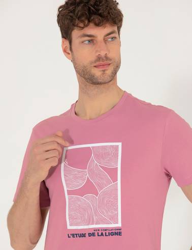 Pembe Slim Fit Baskılı Bisiklet Yaka Tişört