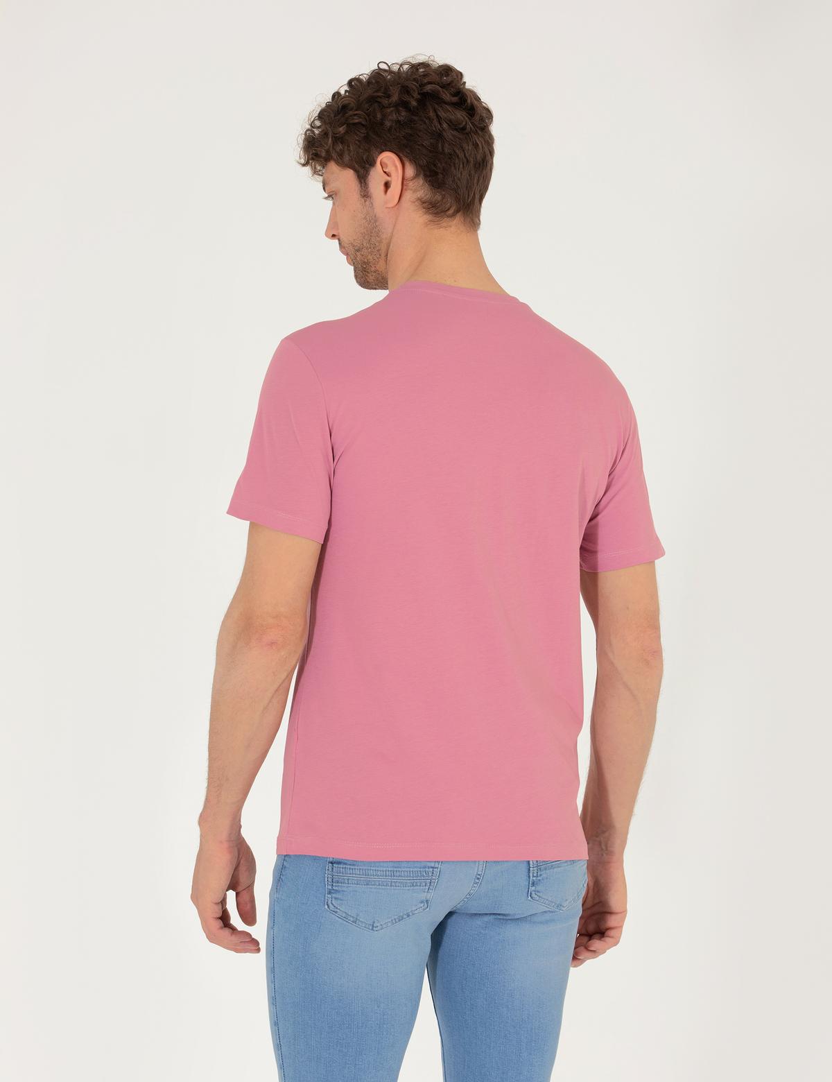 Pembe Slim Fit Baskılı Bisiklet Yaka Tişört - 50262616027