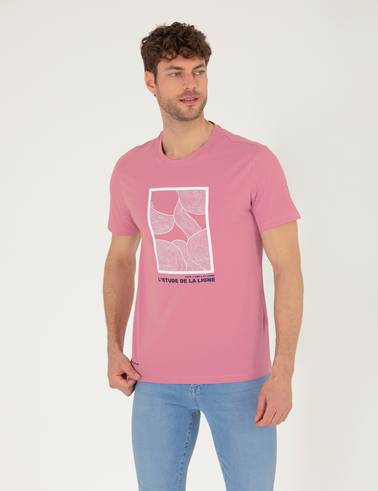 Pembe Slim Fit Baskılı Bisiklet Yaka Tişört