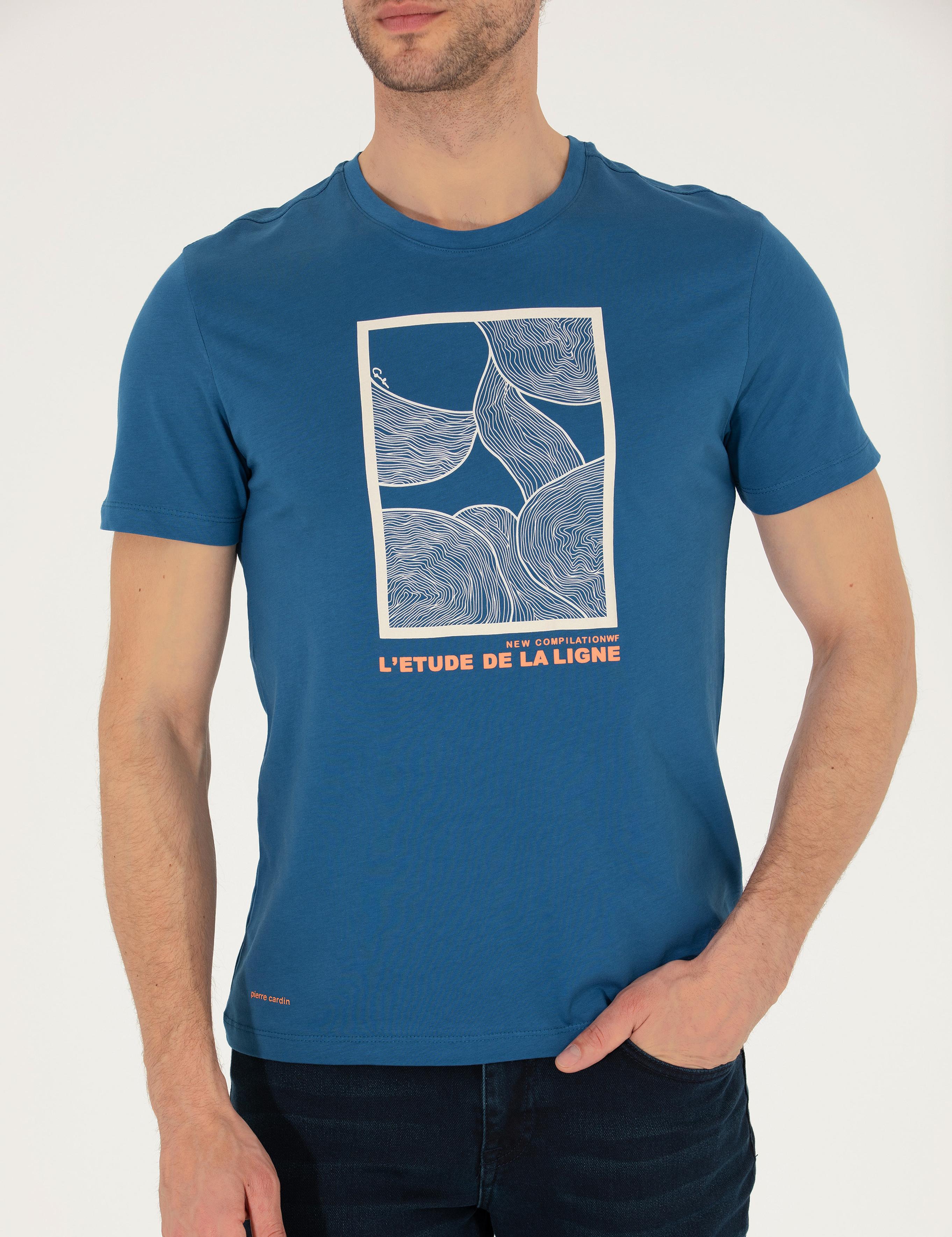 Açık Lacivert Slim Fit Baskılı Bisiklet Yaka Tişört