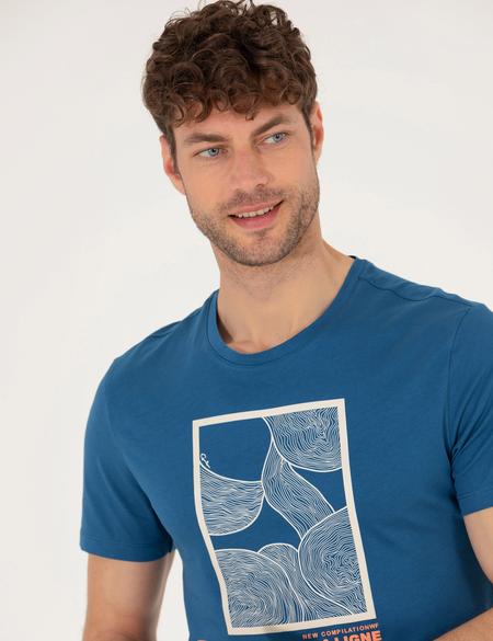 Açık Lacivert Slim Fit Baskılı Bisiklet Yaka Tişört - 50262616037