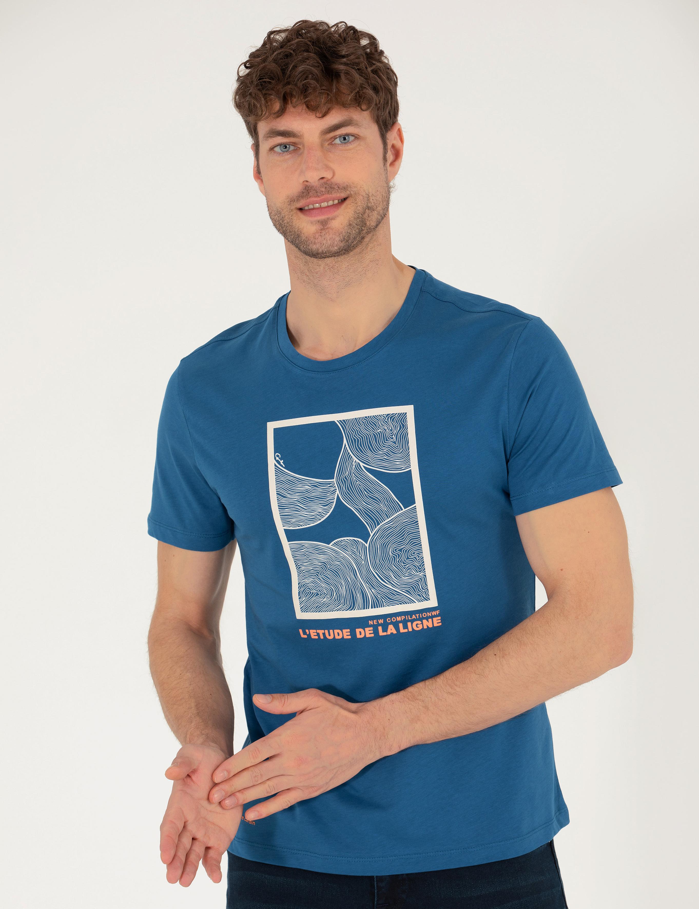 Açık Lacivert Slim Fit Baskılı Bisiklet Yaka Tişört