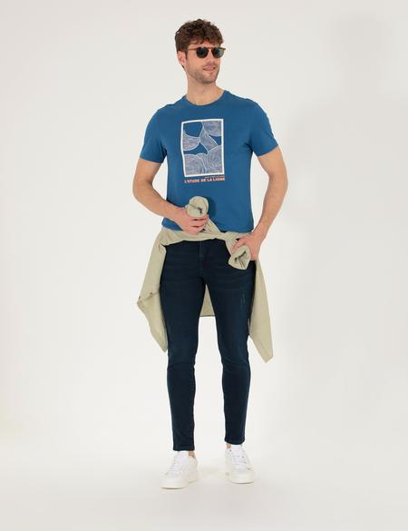 Açık Lacivert Slim Fit Baskılı Bisiklet Yaka Tişört - 50262616037