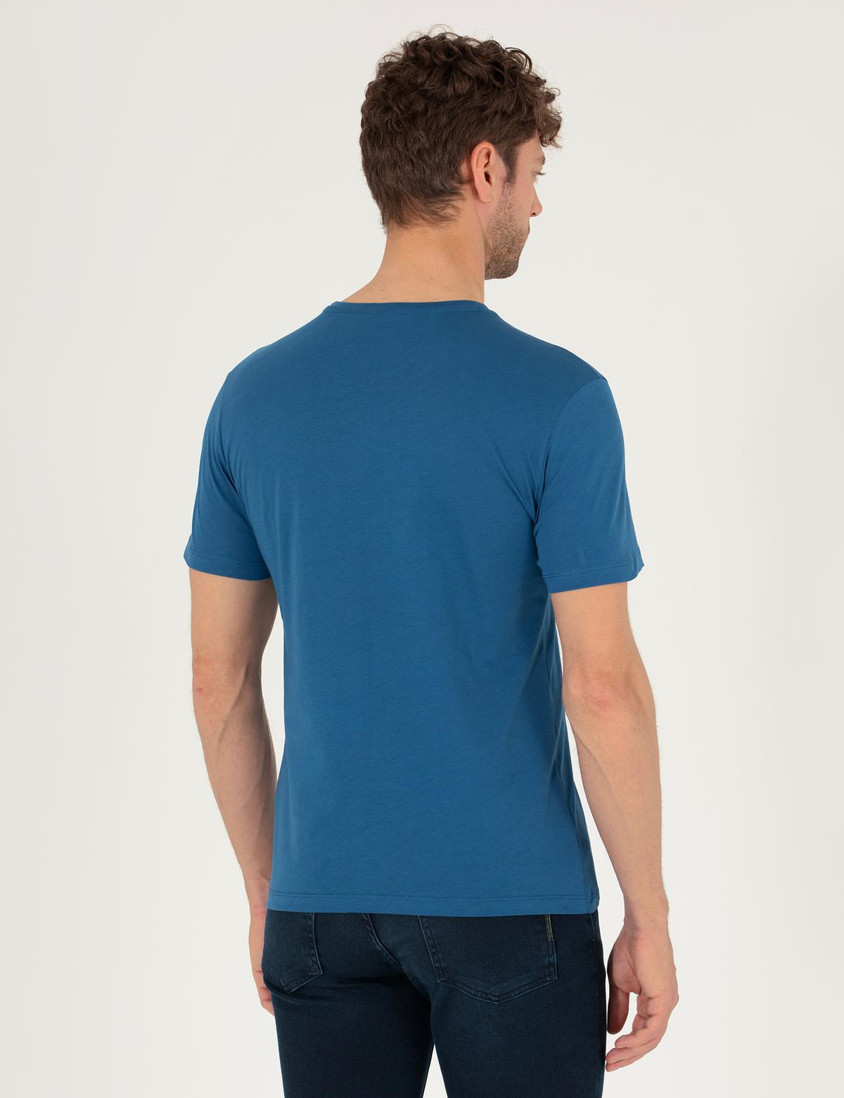 Açık Lacivert Slim Fit Baskılı Bisiklet Yaka Tişört - 50262616037