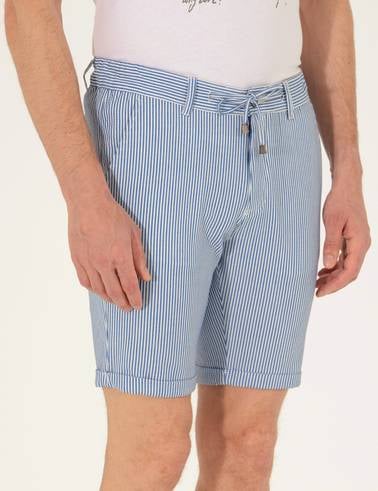 Koyu Mavi Slim Fit Beli Lastikli Çizgili Bağcıklı Bermuda Şort
