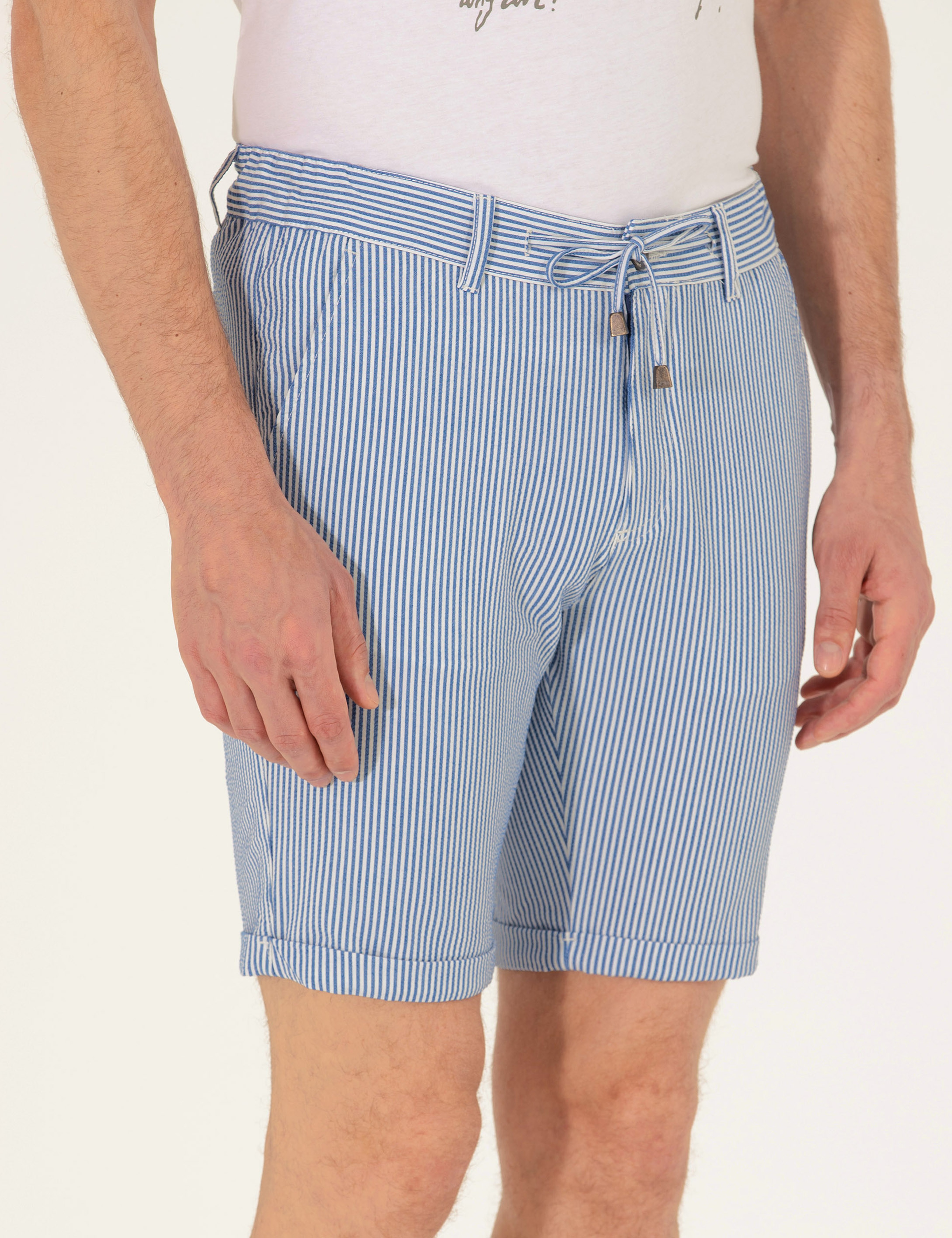 Koyu Mavi Slim Fit Beli Lastikli Çizgili Bağcıklı Bermuda Şort - Image 2