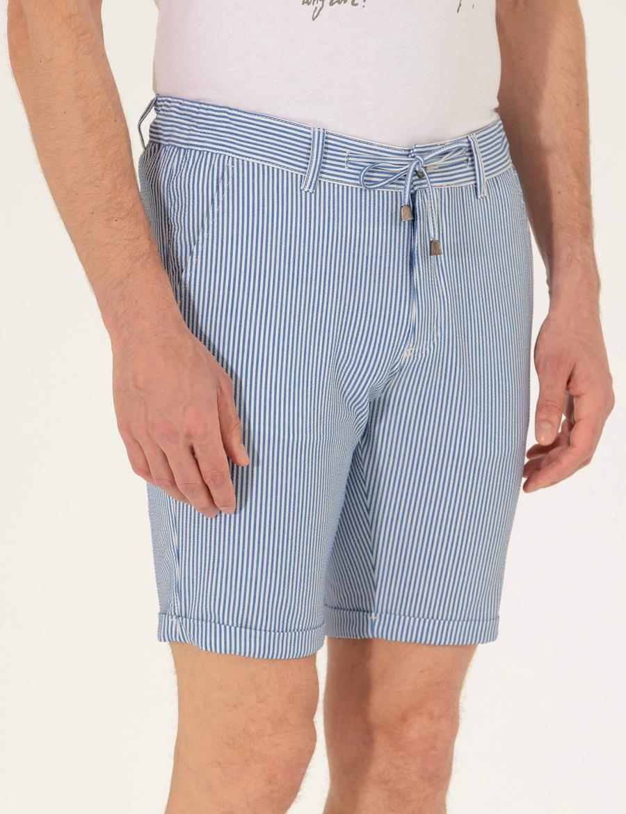 Koyu Mavi Slim Fit Beli Lastikli Çizgili Bağcıklı Bermuda Şort