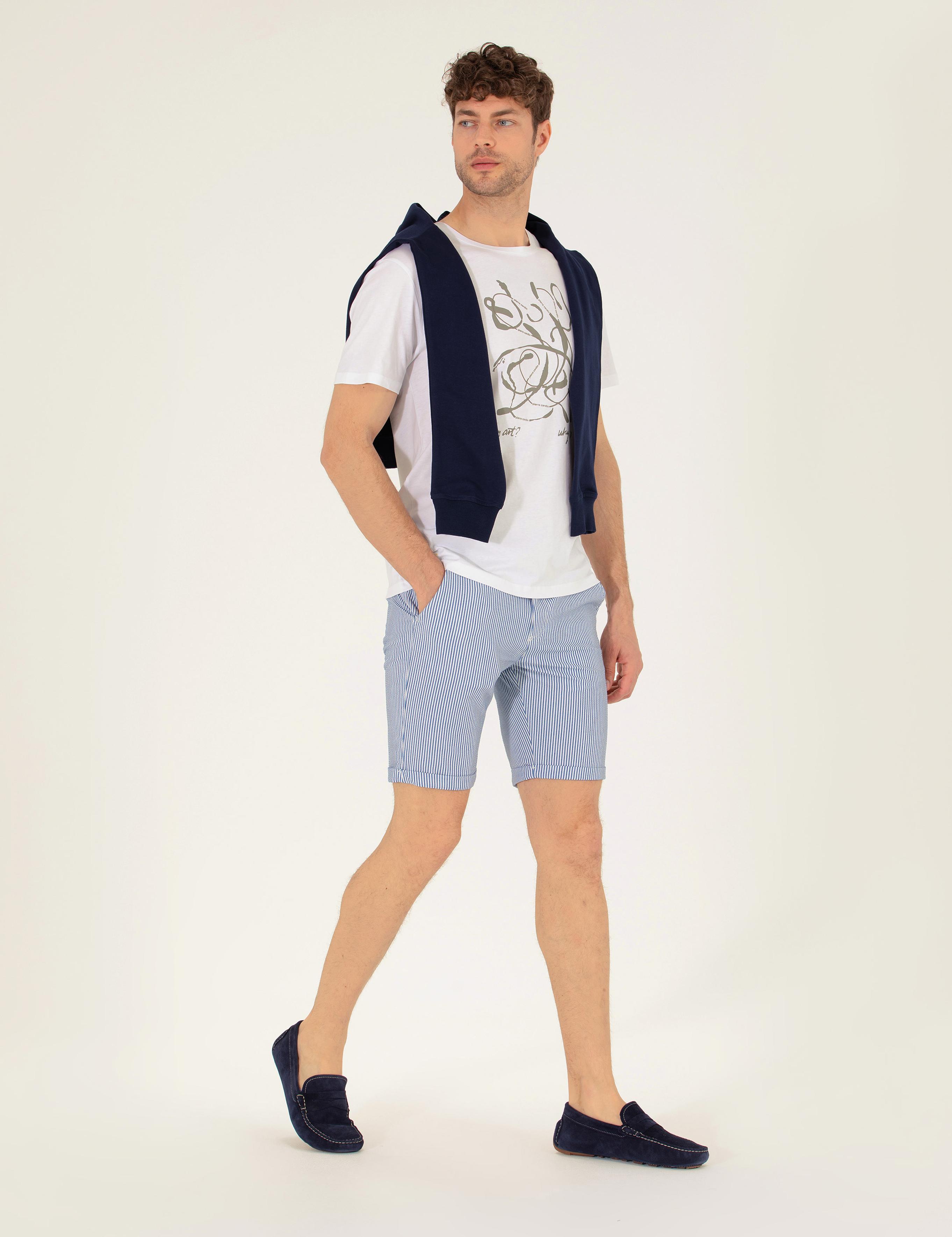 Koyu Mavi Slim Fit Beli Lastikli Çizgili Bağcıklı Bermuda Şort