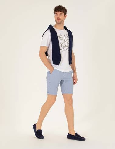 Koyu Mavi Slim Fit Beli Lastikli Çizgili Bağcıklı Bermuda Şort