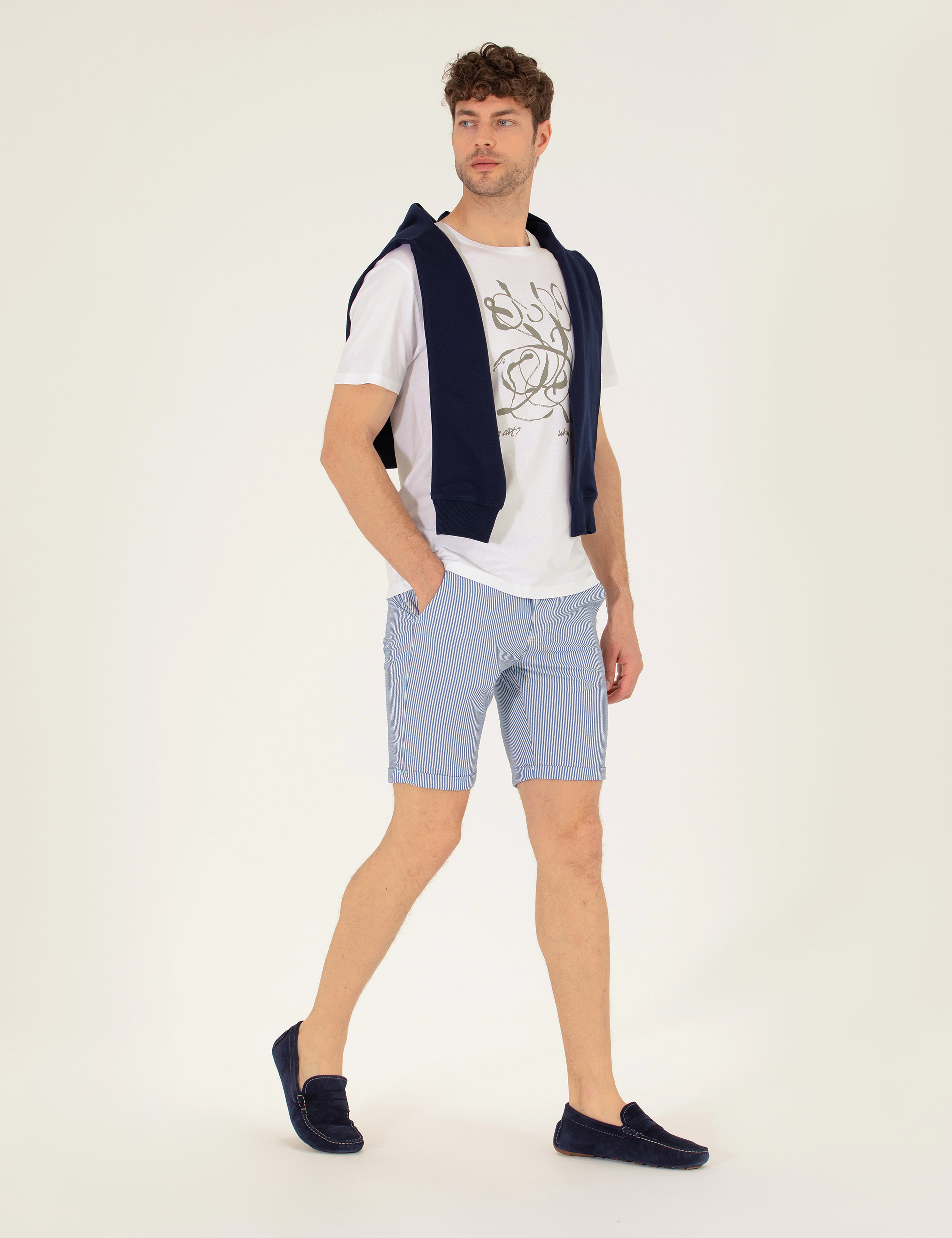 Koyu Mavi Slim Fit Beli Lastikli Çizgili Bağcıklı Bermuda Şort