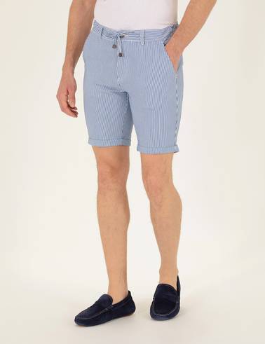 Koyu Mavi Slim Fit Beli Lastikli Çizgili Bağcıklı Bermuda Şort