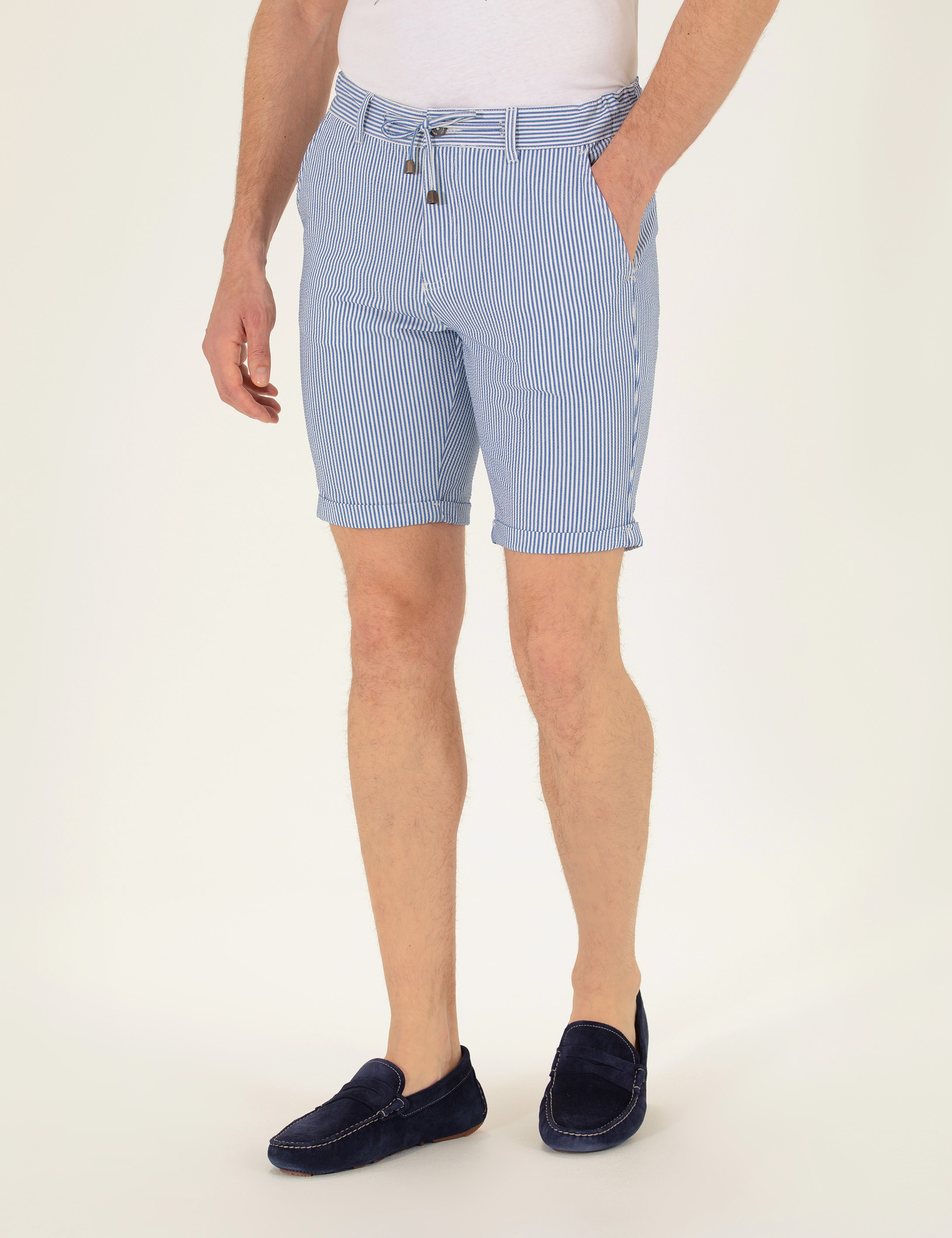 Koyu Mavi Slim Fit Beli Lastikli Çizgili Bağcıklı Bermuda Şort - Image 4