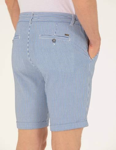Koyu Mavi Slim Fit Beli Lastikli Çizgili Bağcıklı Bermuda Şort
