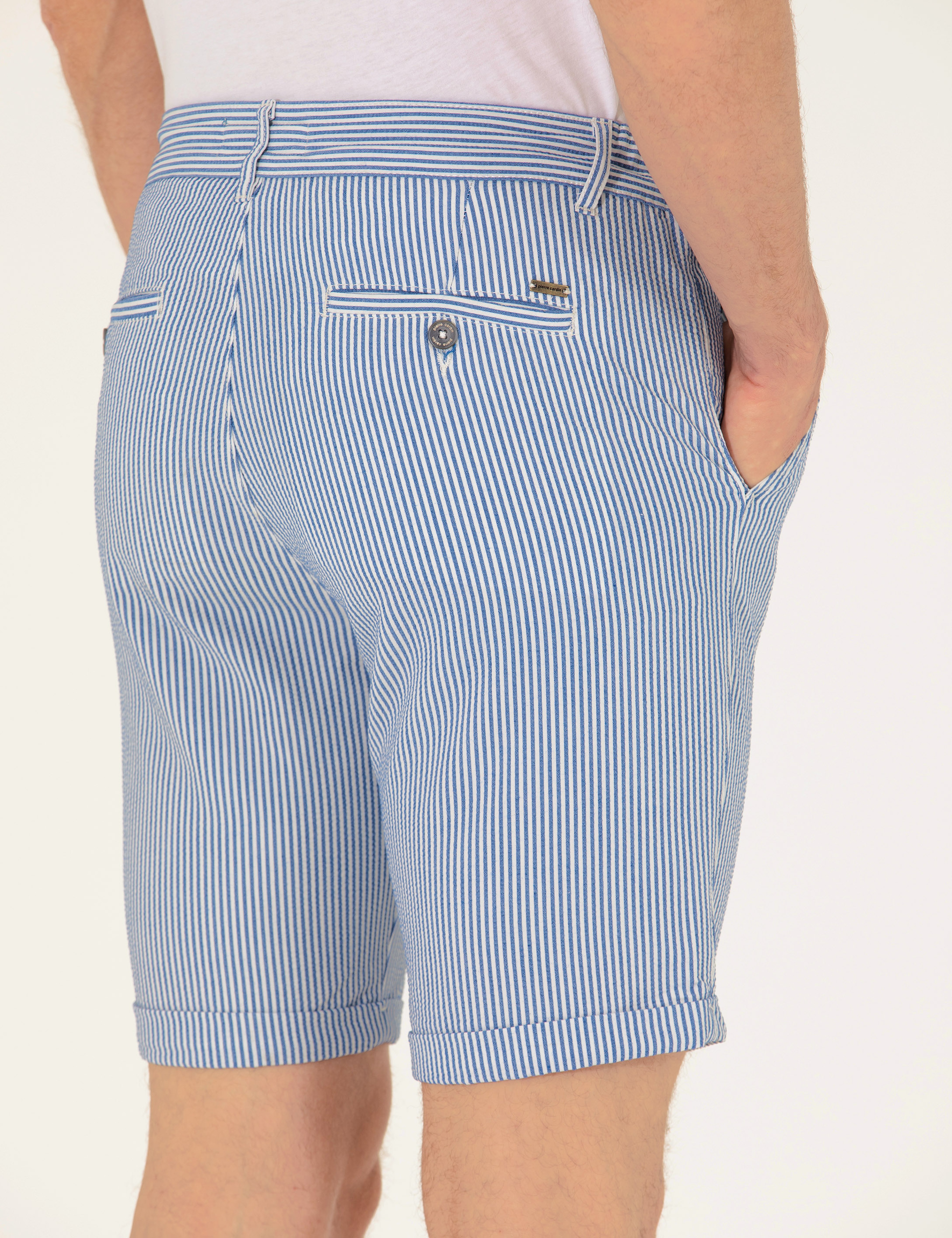 Koyu Mavi Slim Fit Beli Lastikli Çizgili Bağcıklı Bermuda Şort - Image 3