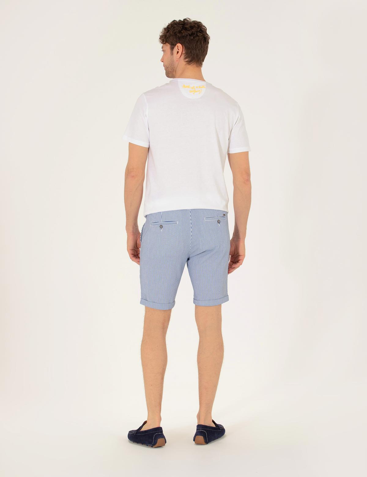 Koyu Mavi Slim Fit Beli Lastikli Çizgili Bağcıklı Bermuda Şort - 50264862011