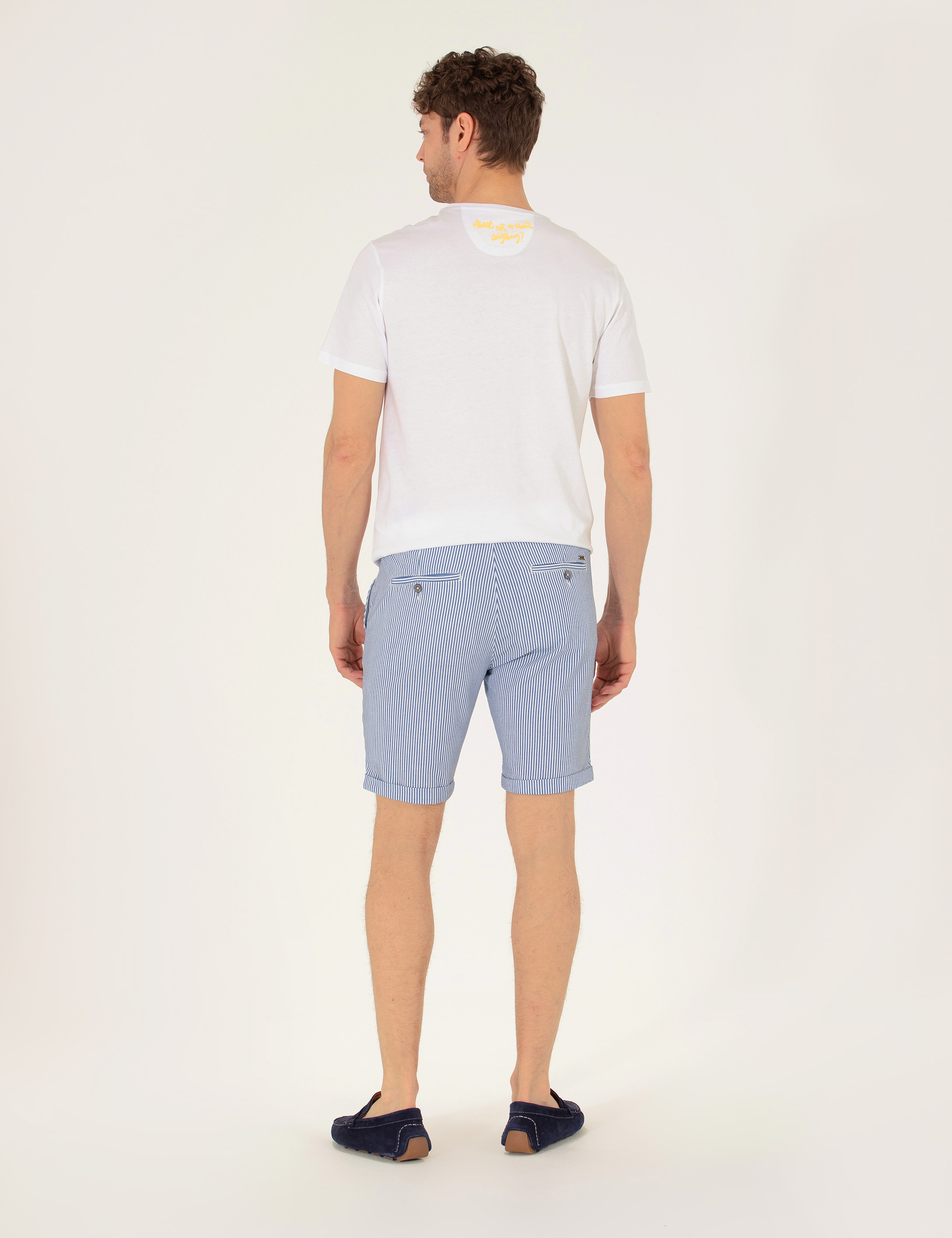 Koyu Mavi Slim Fit Beli Lastikli Çizgili Bağcıklı Bermuda Şort - Image 6