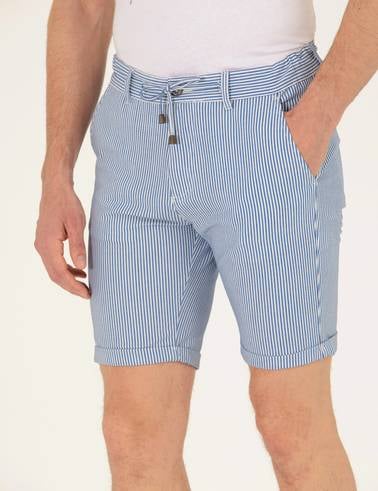 Koyu Mavi Slim Fit Beli Lastikli Çizgili Bağcıklı Bermuda Şort