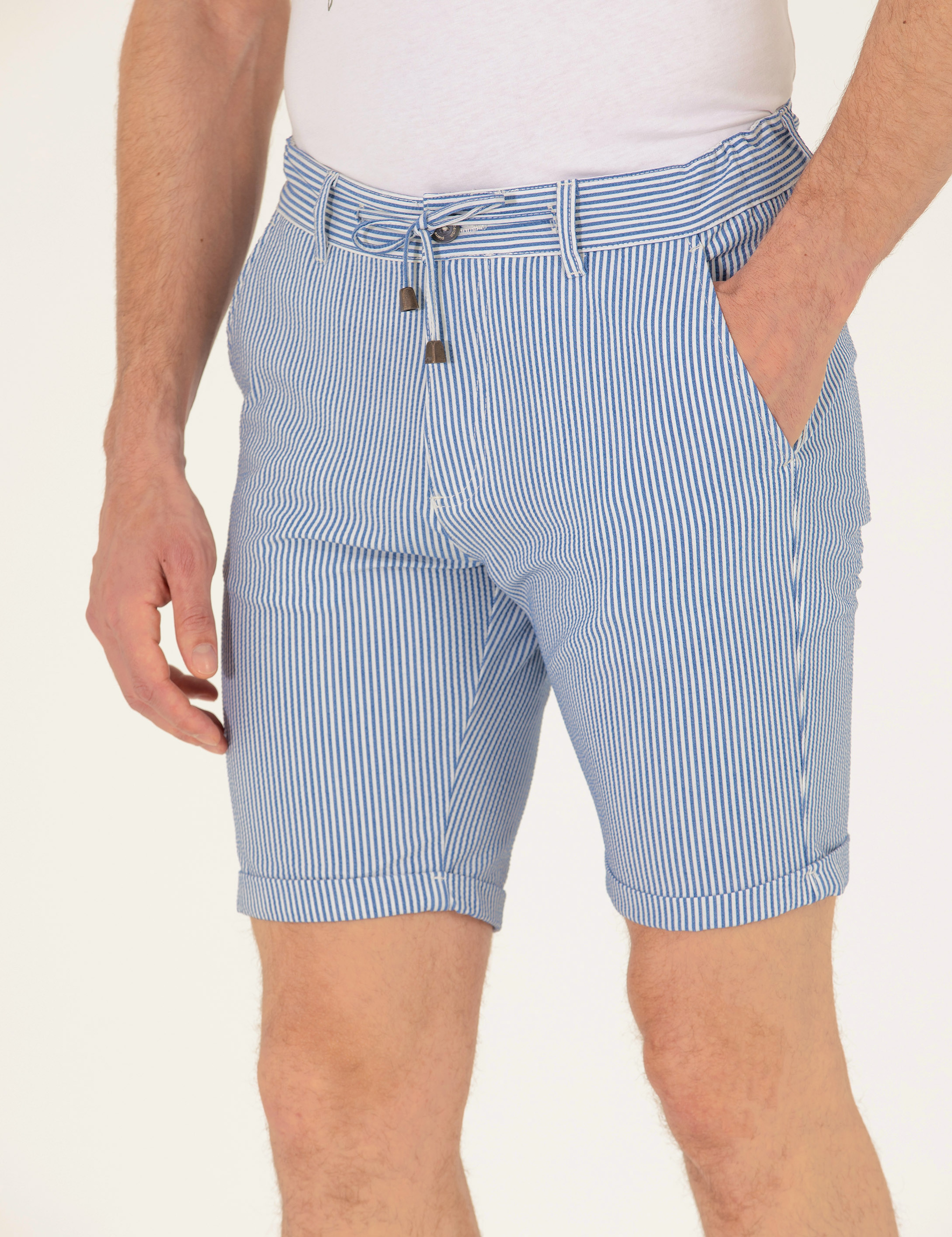 Koyu Mavi Slim Fit Beli Lastikli Çizgili Bağcıklı Bermuda Şort - Image 7