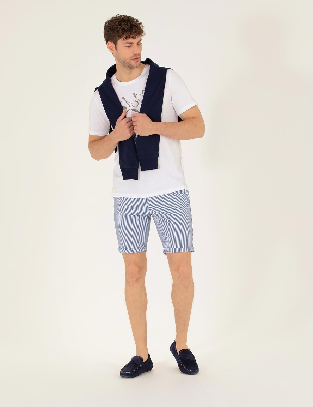 Koyu Mavi Slim Fit Beli Lastikli Çizgili Bağcıklı Bermuda Şort