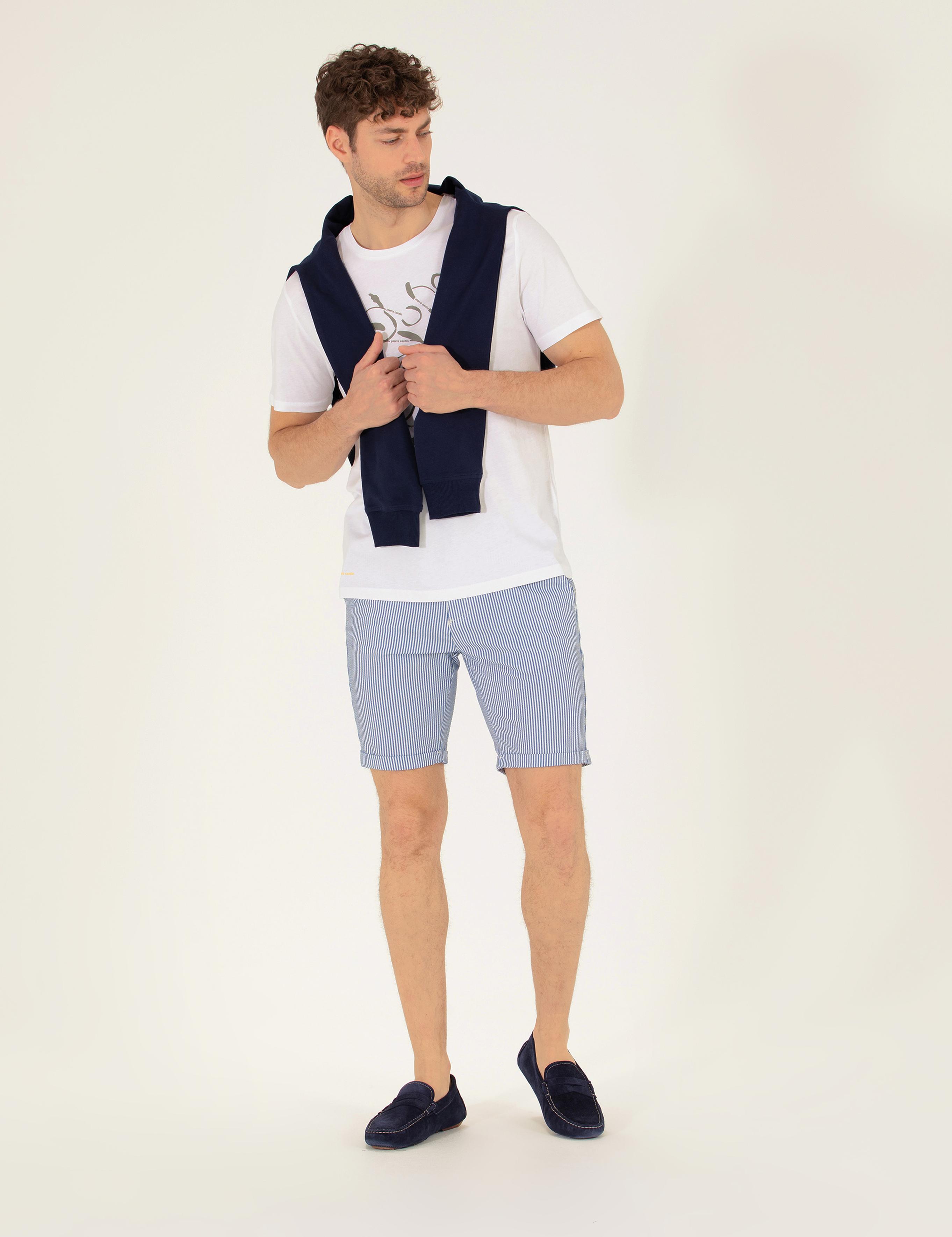 Koyu Mavi Slim Fit Beli Lastikli Çizgili Bağcıklı Bermuda Şort