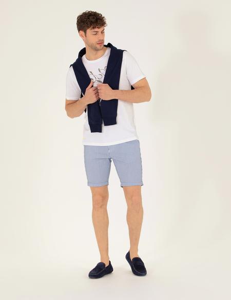 Koyu Mavi Slim Fit Beli Lastikli Çizgili Bağcıklı Bermuda Şort - 50264862011