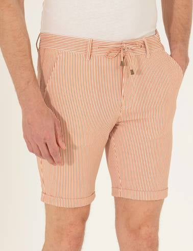 Turuncu Slim Fit Beli Lastikli Çizgili Bağcıklı Bermuda Şort