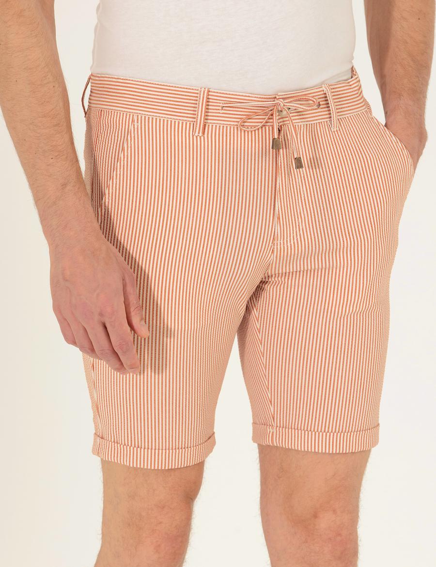 Turuncu Slim Fit Beli Lastikli Çizgili Bağcıklı Bermuda Şort