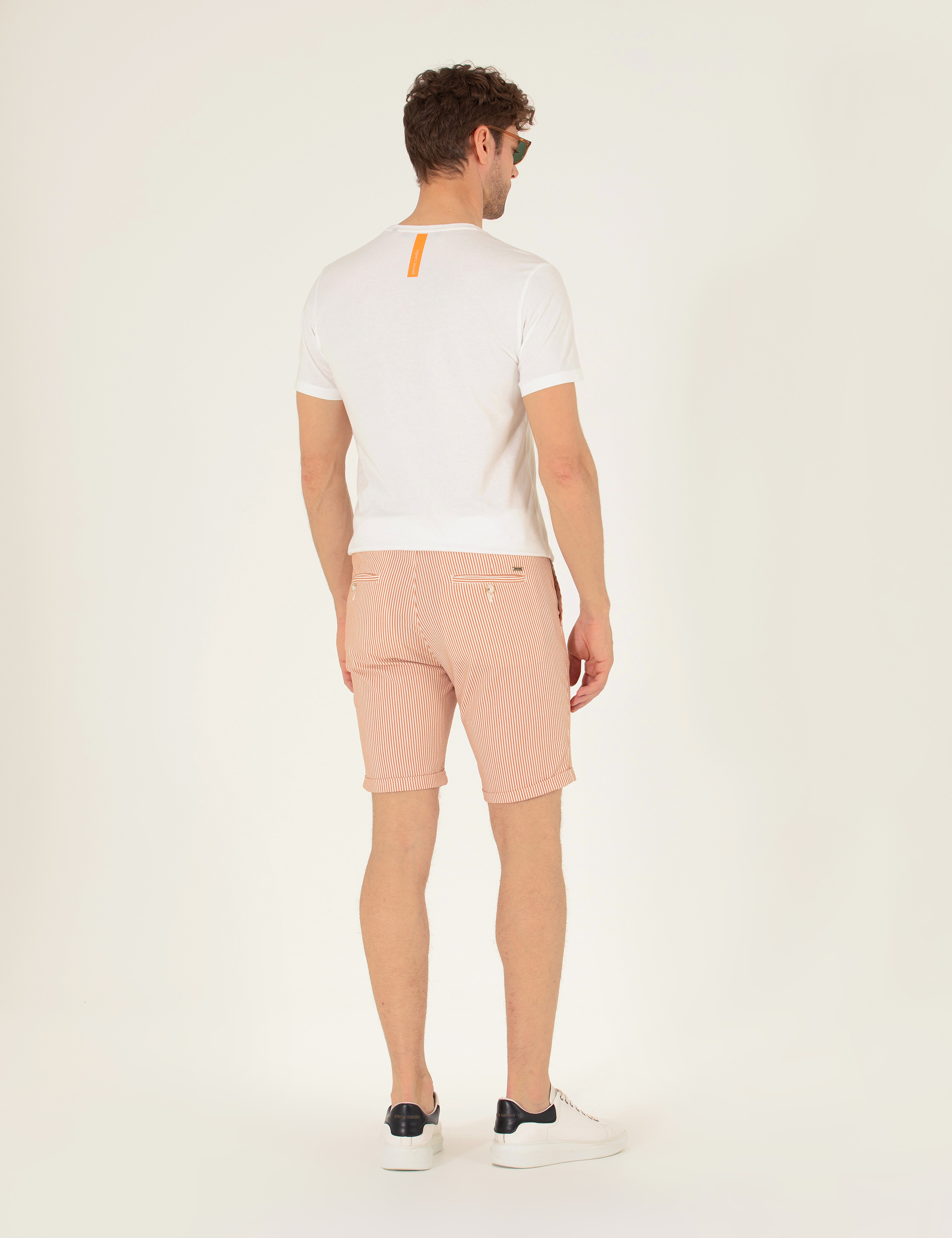 Turuncu Slim Fit Beli Lastikli Çizgili Bağcıklı Bermuda Şort - Image 6