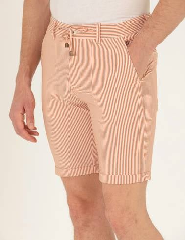 Turuncu Slim Fit Beli Lastikli Çizgili Bağcıklı Bermuda Şort