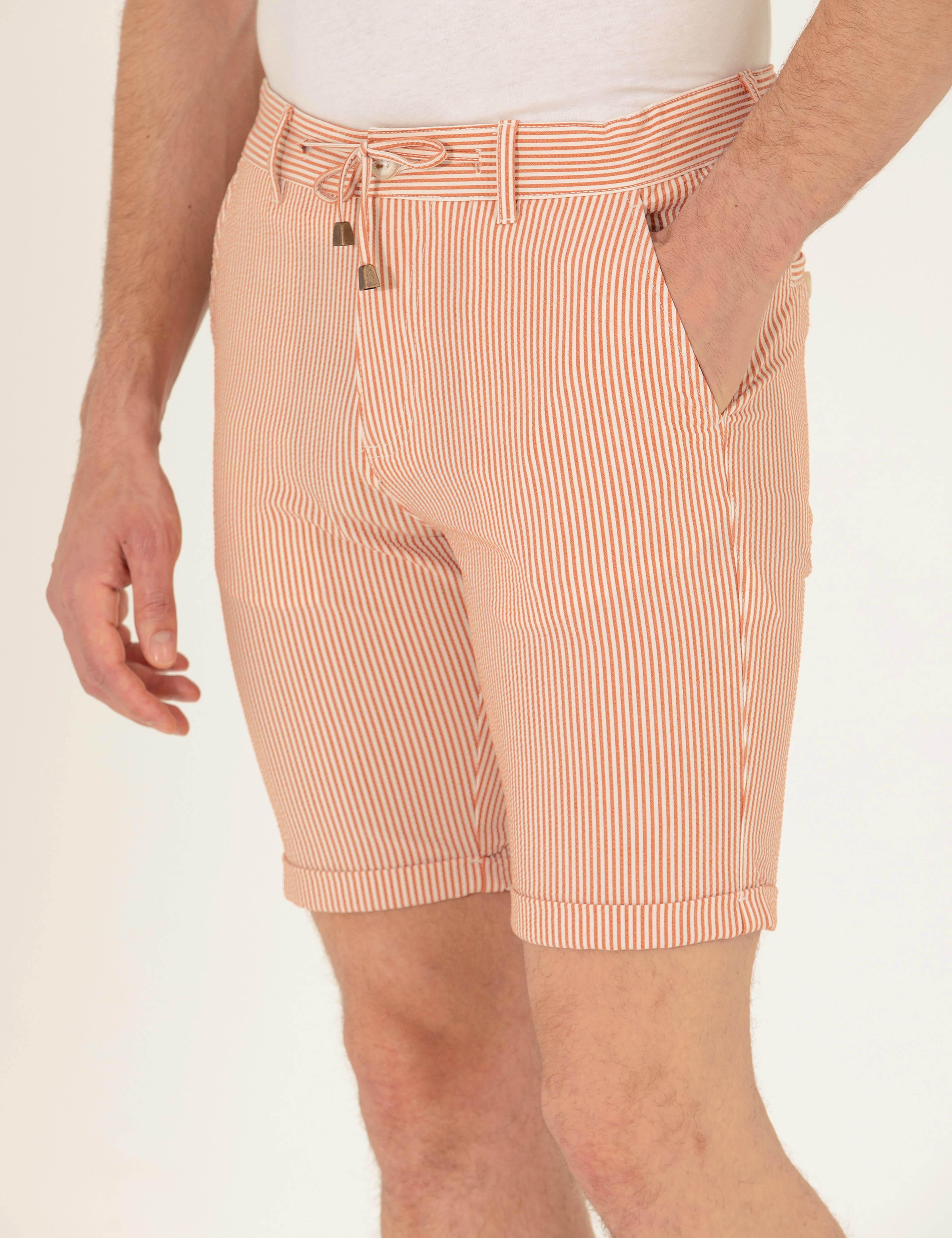Turuncu Slim Fit Beli Lastikli Çizgili Bağcıklı Bermuda Şort - Image 7