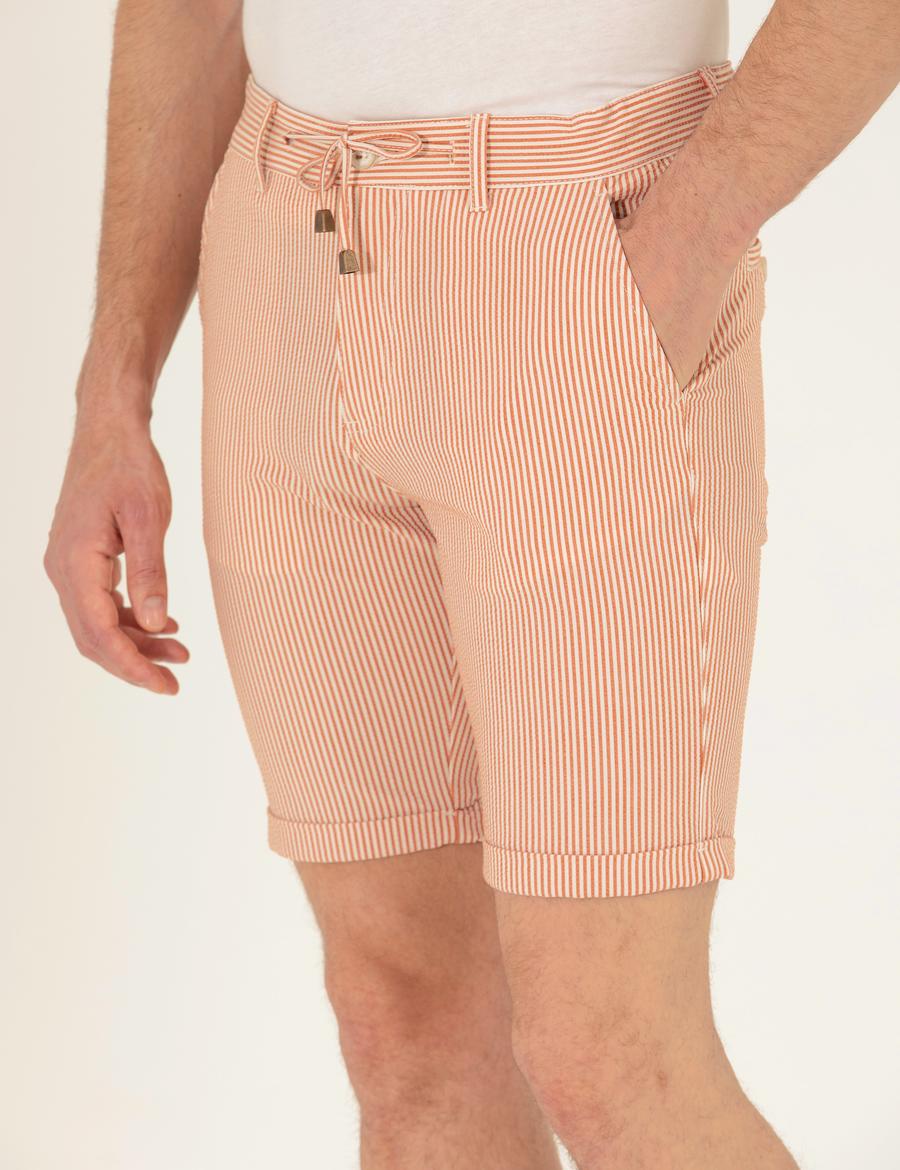 Turuncu Slim Fit Beli Lastikli Çizgili Bağcıklı Bermuda Şort