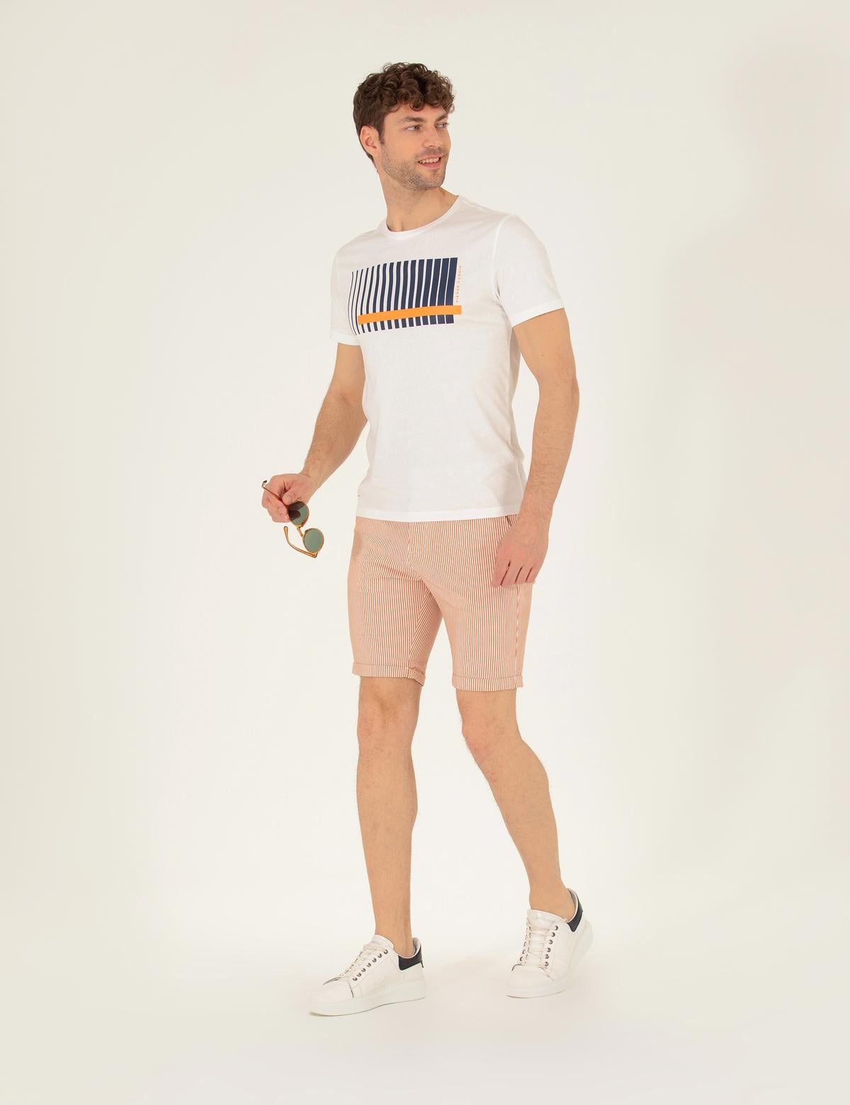 Turuncu Slim Fit Beli Lastikli Çizgili Bağcıklı Bermuda Şort - 50264862020