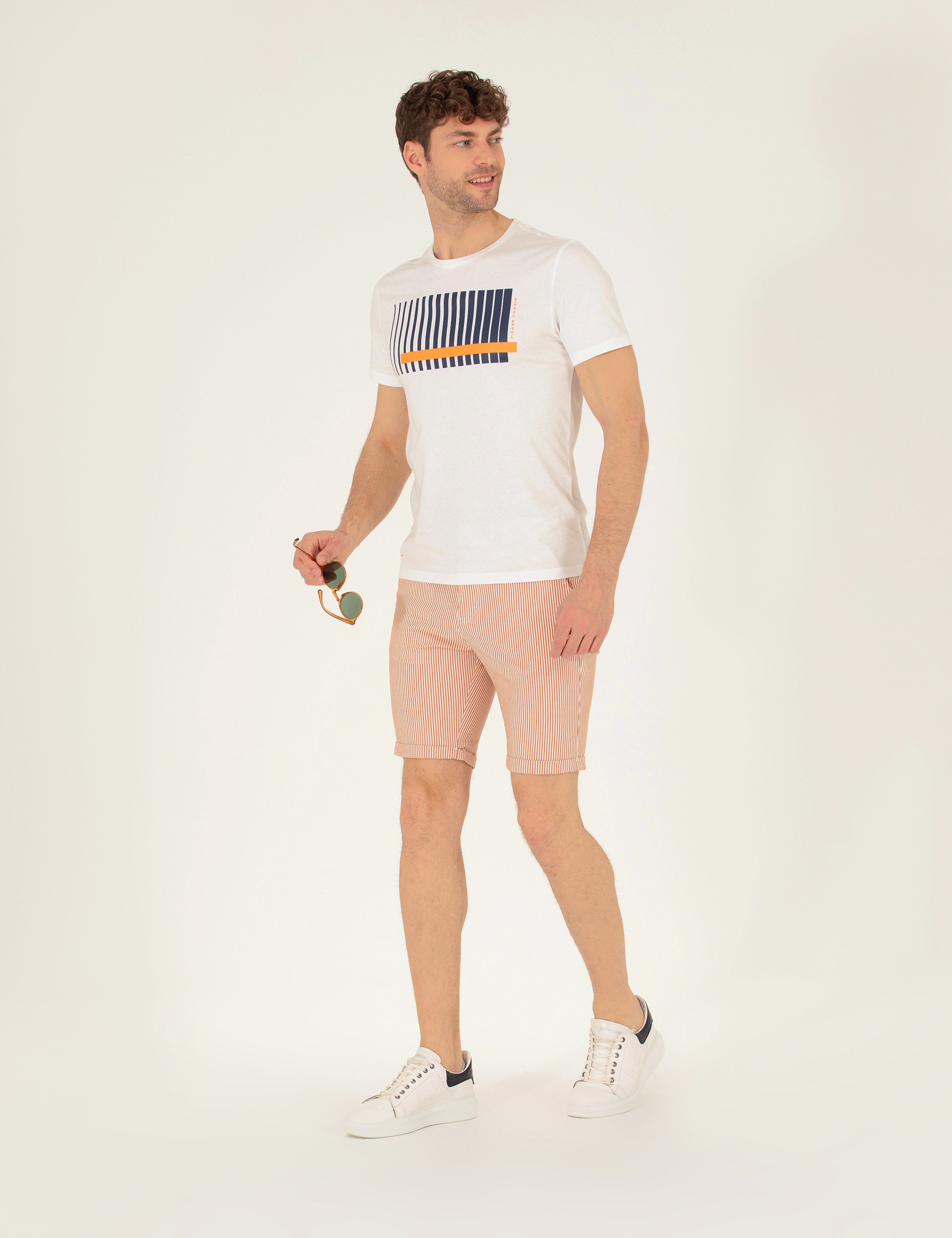 Turuncu Slim Fit Beli Lastikli Çizgili Bağcıklı Bermuda Şort - Image 5