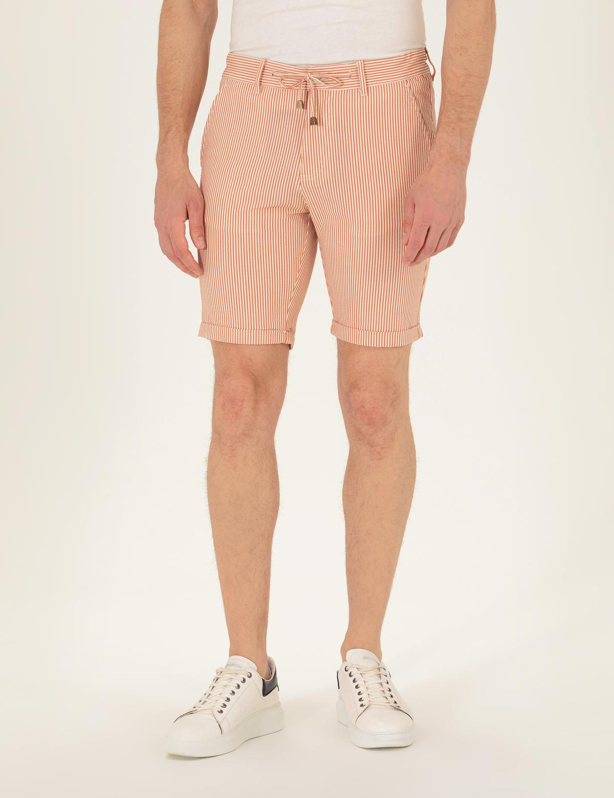 Turuncu Slim Fit Beli Lastikli Çizgili Bağcıklı Bermuda Şort - 50264862020