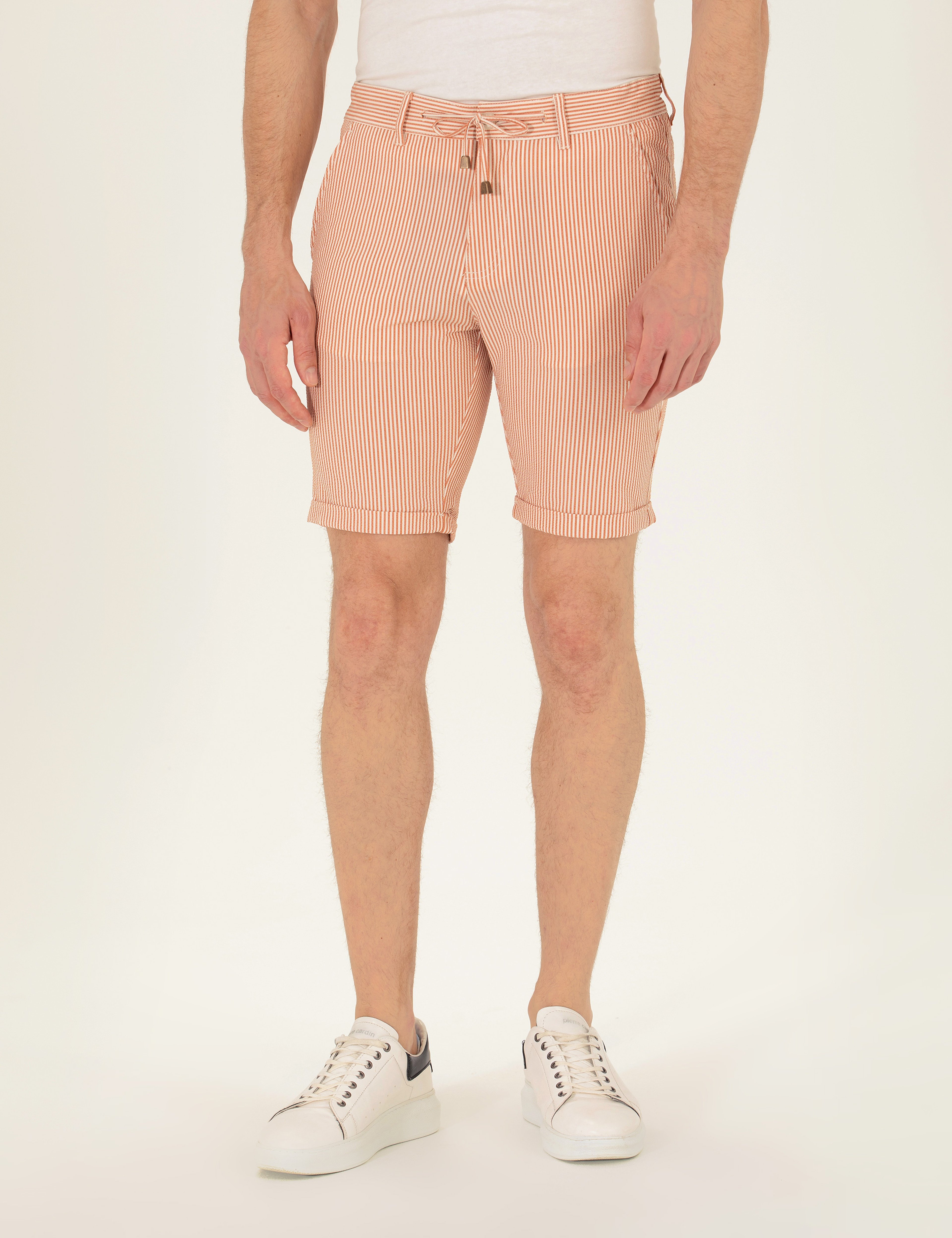 Turuncu Slim Fit Beli Lastikli Çizgili Bağcıklı Bermuda Şort - Image 4