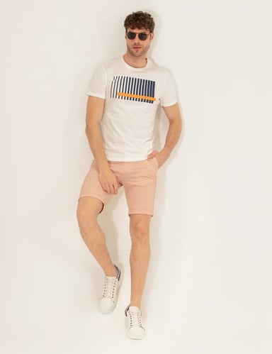 Turuncu Slim Fit Beli Lastikli Çizgili Bağcıklı Bermuda Şort