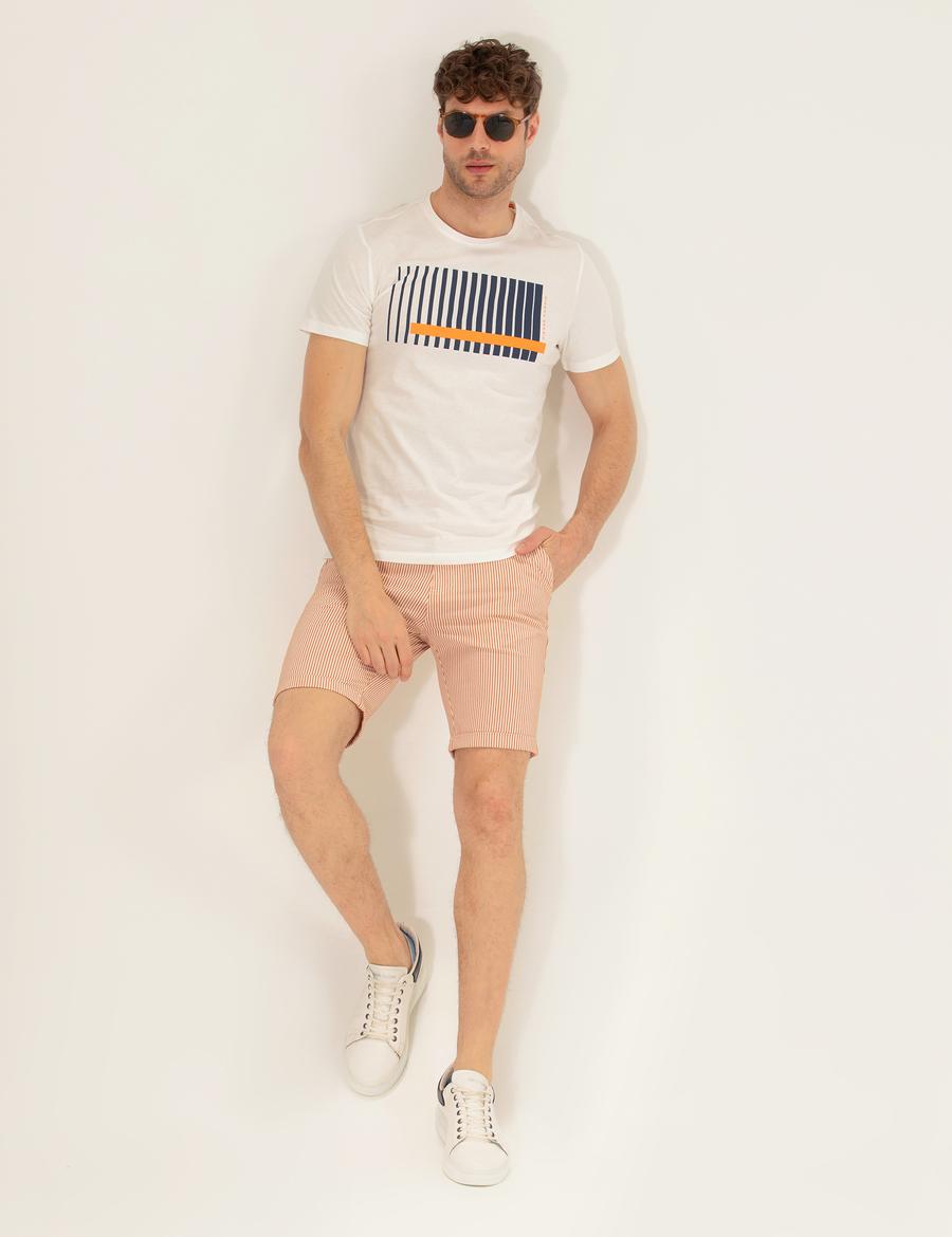 Turuncu Slim Fit Beli Lastikli Çizgili Bağcıklı Bermuda Şort